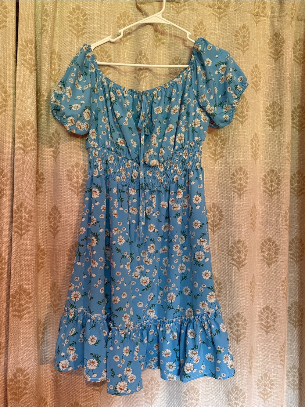 SHEIN Blue Daisy Puff-Sleeve Smocked Midi Dress